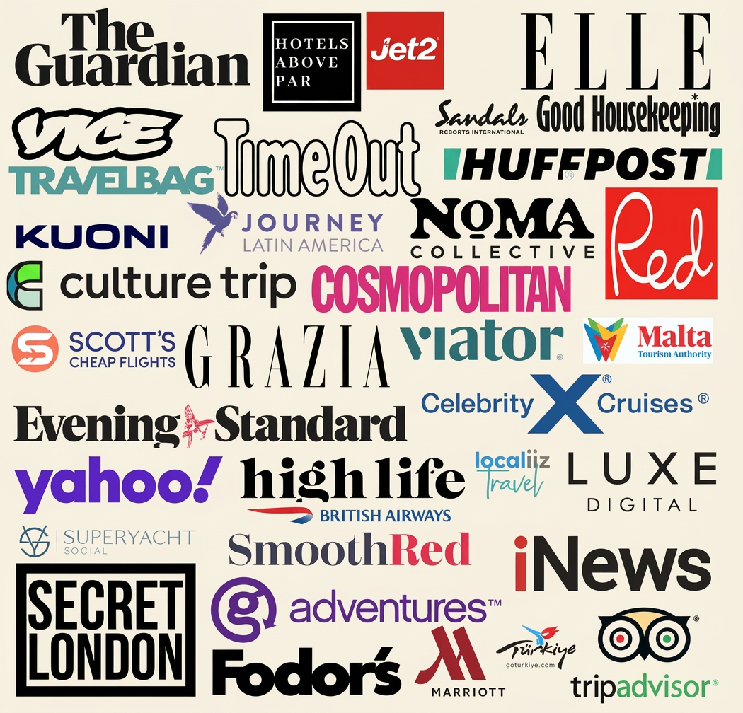 A collage of brand and publication logos Georgie Darling has written for, including The Guardian, Elle, Time Out, Kuoni, Marriott, Fodor's, Tripadvisor, iNews and more.